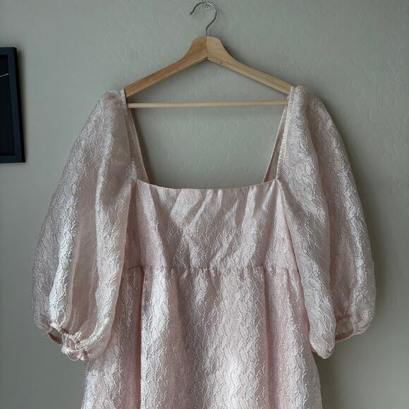 NEW Anthropologie Dress Pink Textured Puff-Sleeve Square Neck Midi Dress Size XL - Picture 3 of 10